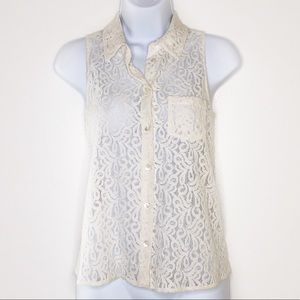 EQUIPMENT. Cream colored lace sheer button up top